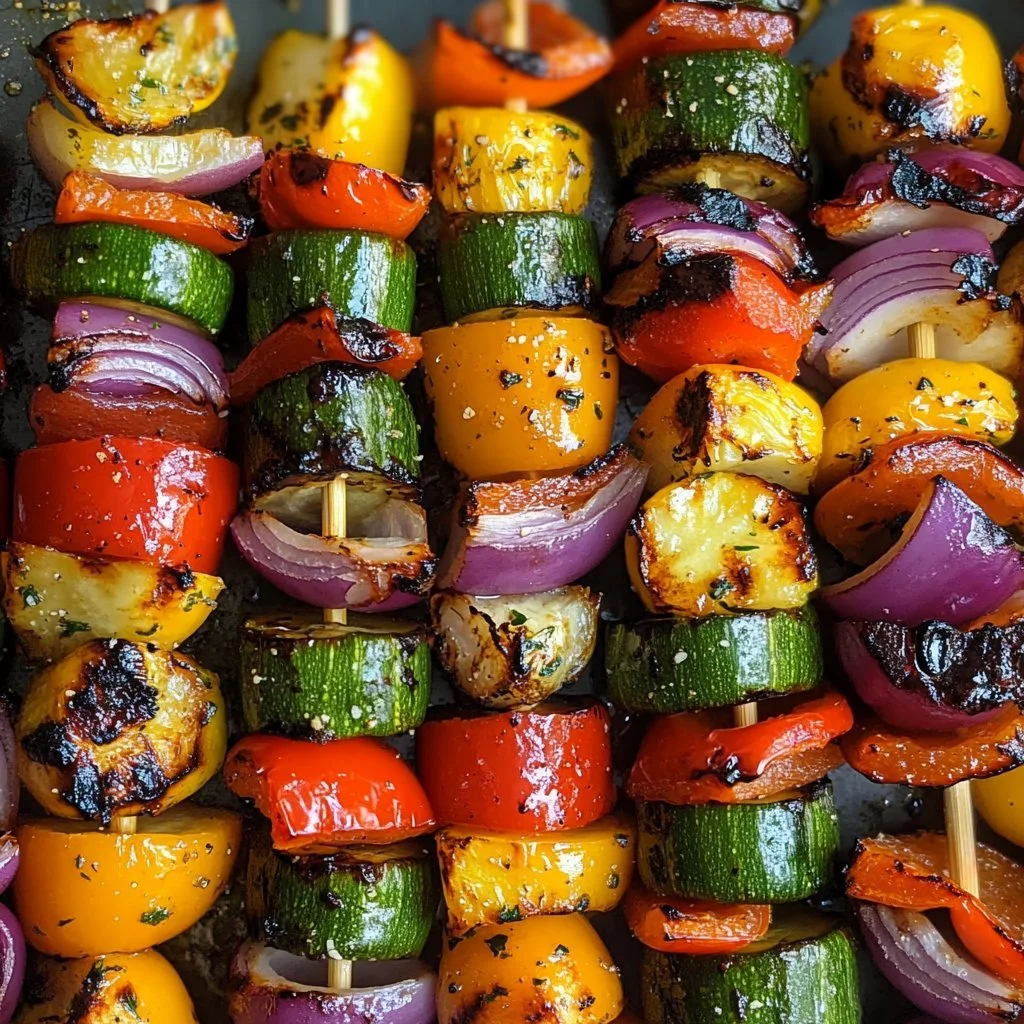Colorful grilled veggie kabobs with bell peppers, zucchini, and cherry tomatoes.