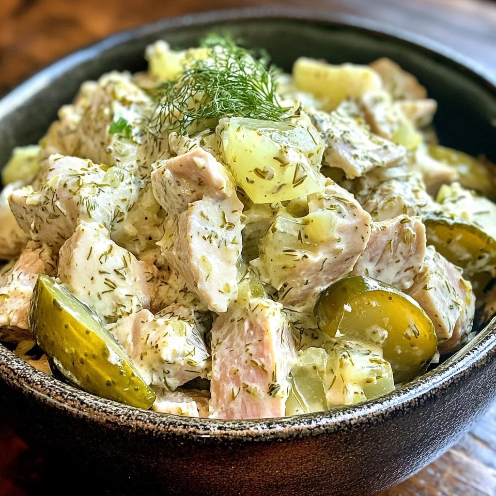 Healthy Greek Yogurt Dill Pickle Tuna Salad served in a bowl.