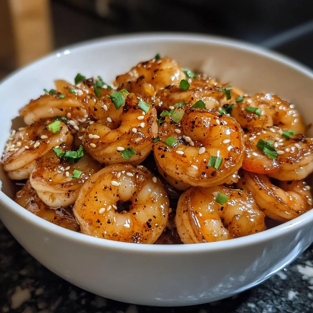 High-protein honey garlic shrimp dish garnished with vegetables.