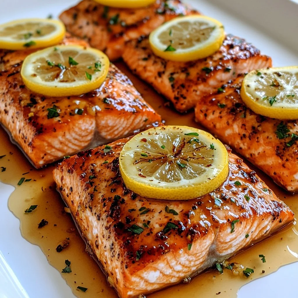 Honey garlic butter baked salmon garnished with herbs on a plate