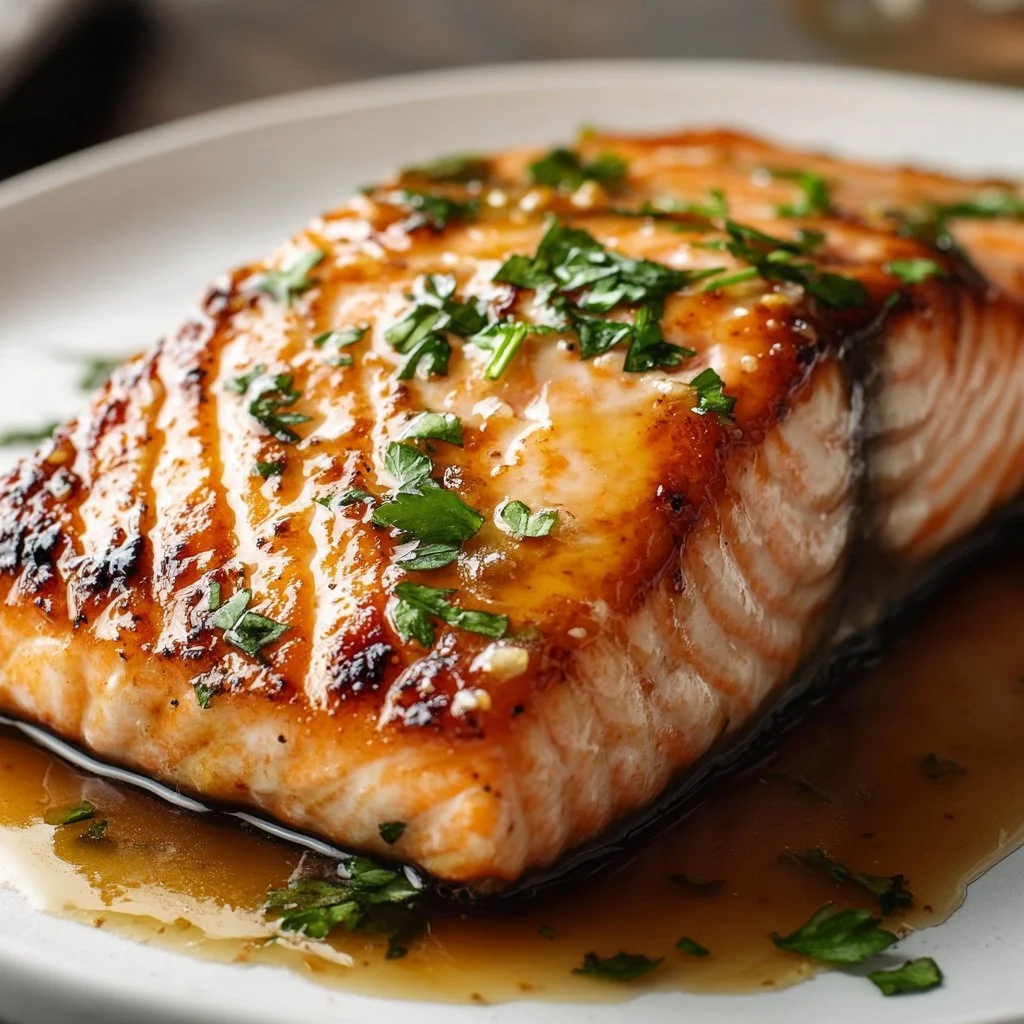 Delicious honey garlic glazed salmon served with vegetables.