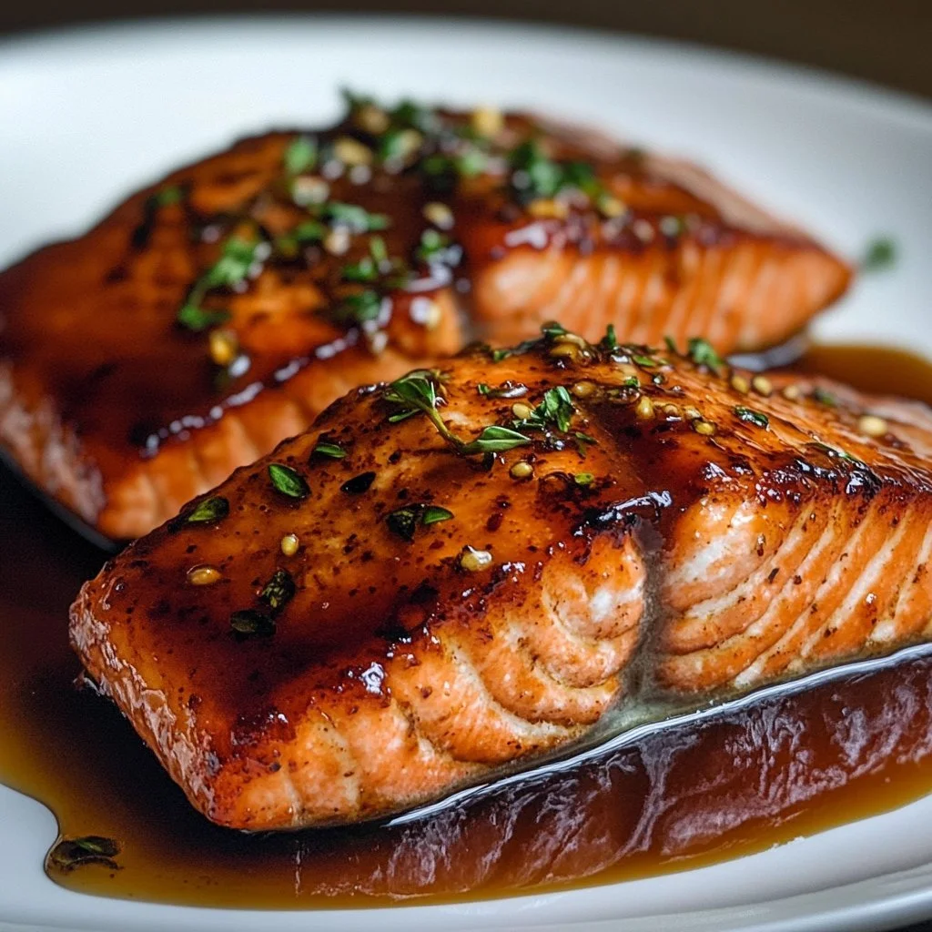 Deliciously glazed honey garlic salmon fillet on a plate