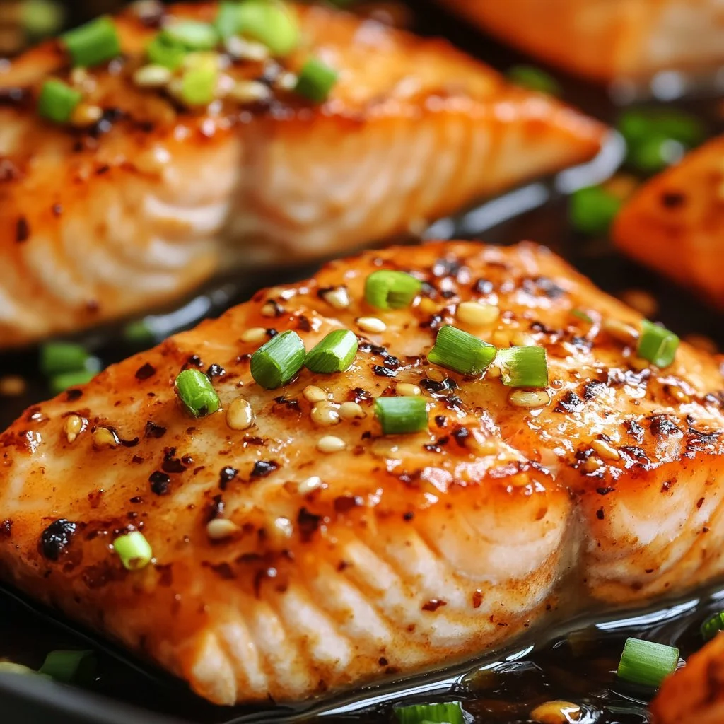 Delicious honey garlic salmon fillet garnished and served on a plate