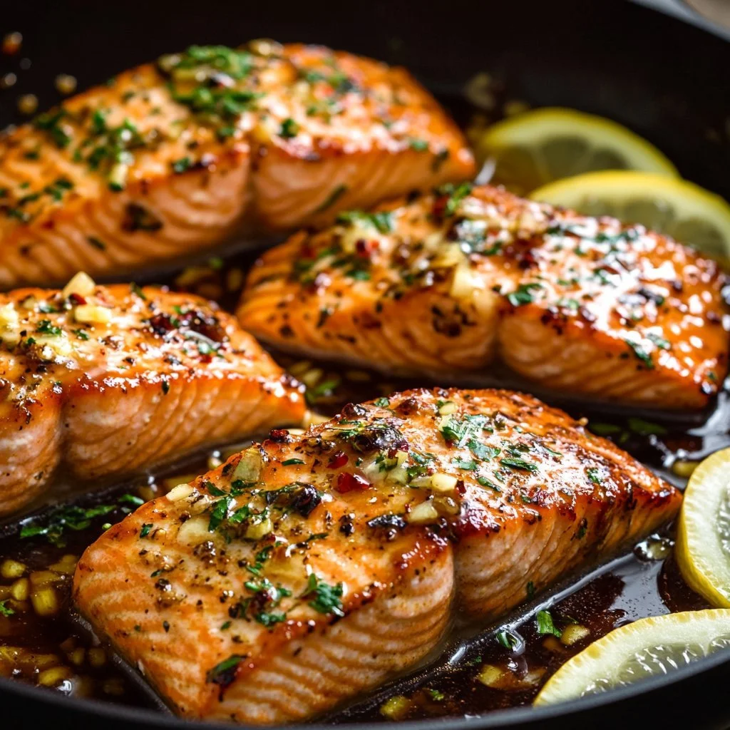 Delicious honey garlic salmon served with colorful vegetables on a plate.