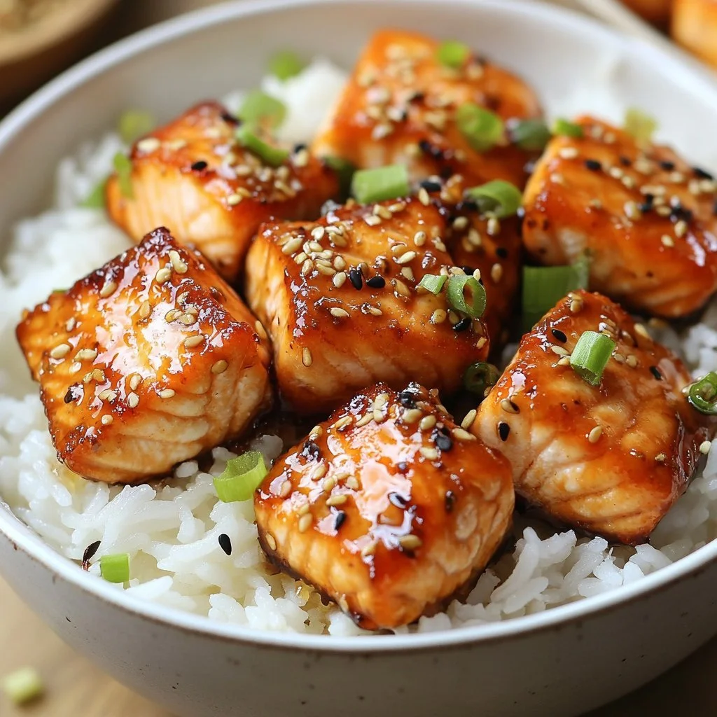 Delicious Honey Garlic Salmon Bites served on a platter