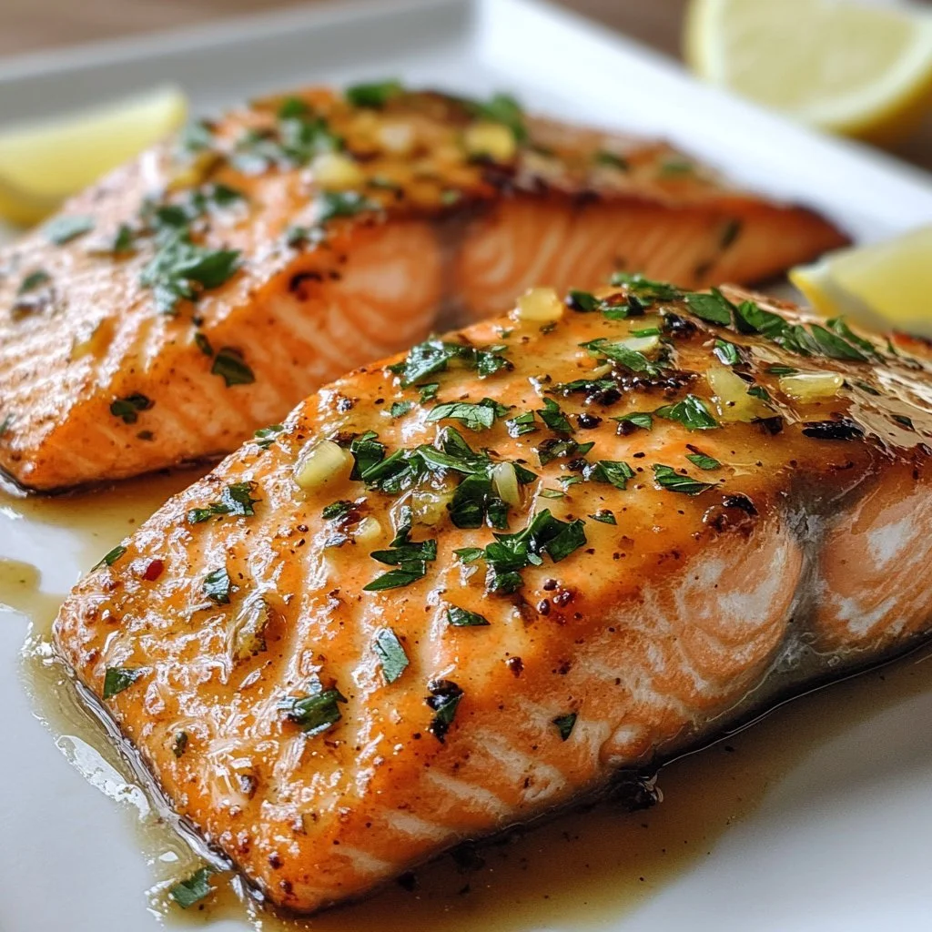 Honey garlic salmon fillet with a glaze of honey and garlic on a plate