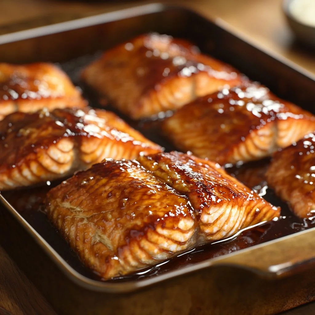 Plate of honey glazed salmon garnished with herbs and lemon slices