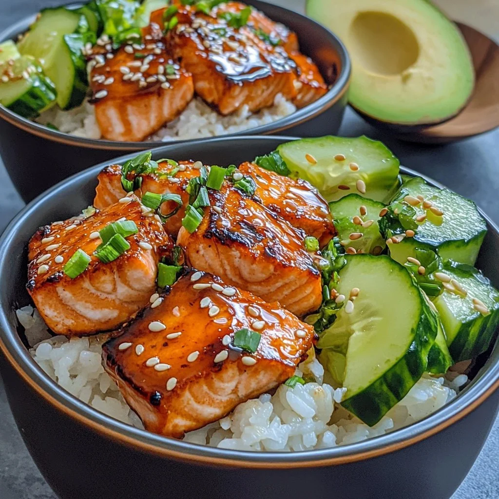Honey glazed salmon served in a rice bowl with fresh vegetables and garnishes.