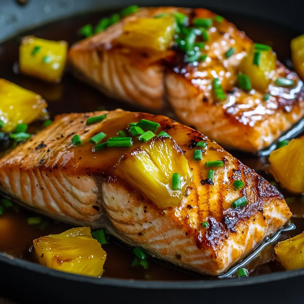 Honey Pineapple Glazed Salmon dish with vibrant toppings, plated beautifully.