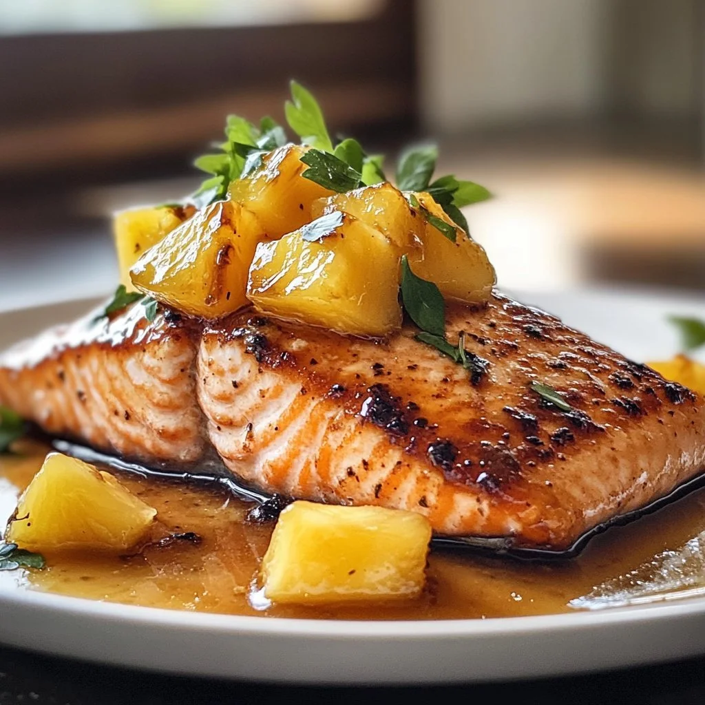 Honey Pineapple Salmon dish garnished with fresh herbs and slices of pineapple