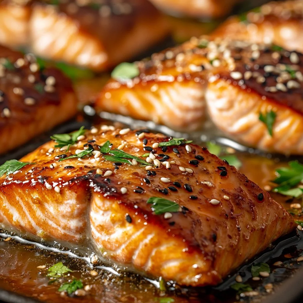 Honey glazed salmon fillet cooked to perfection on a serving plate.