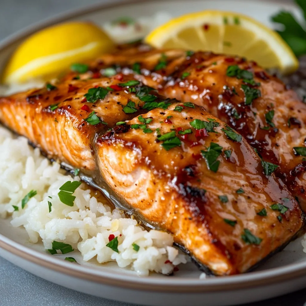 Hot honey glazed salmon fillets on a plate, garnished with herbs