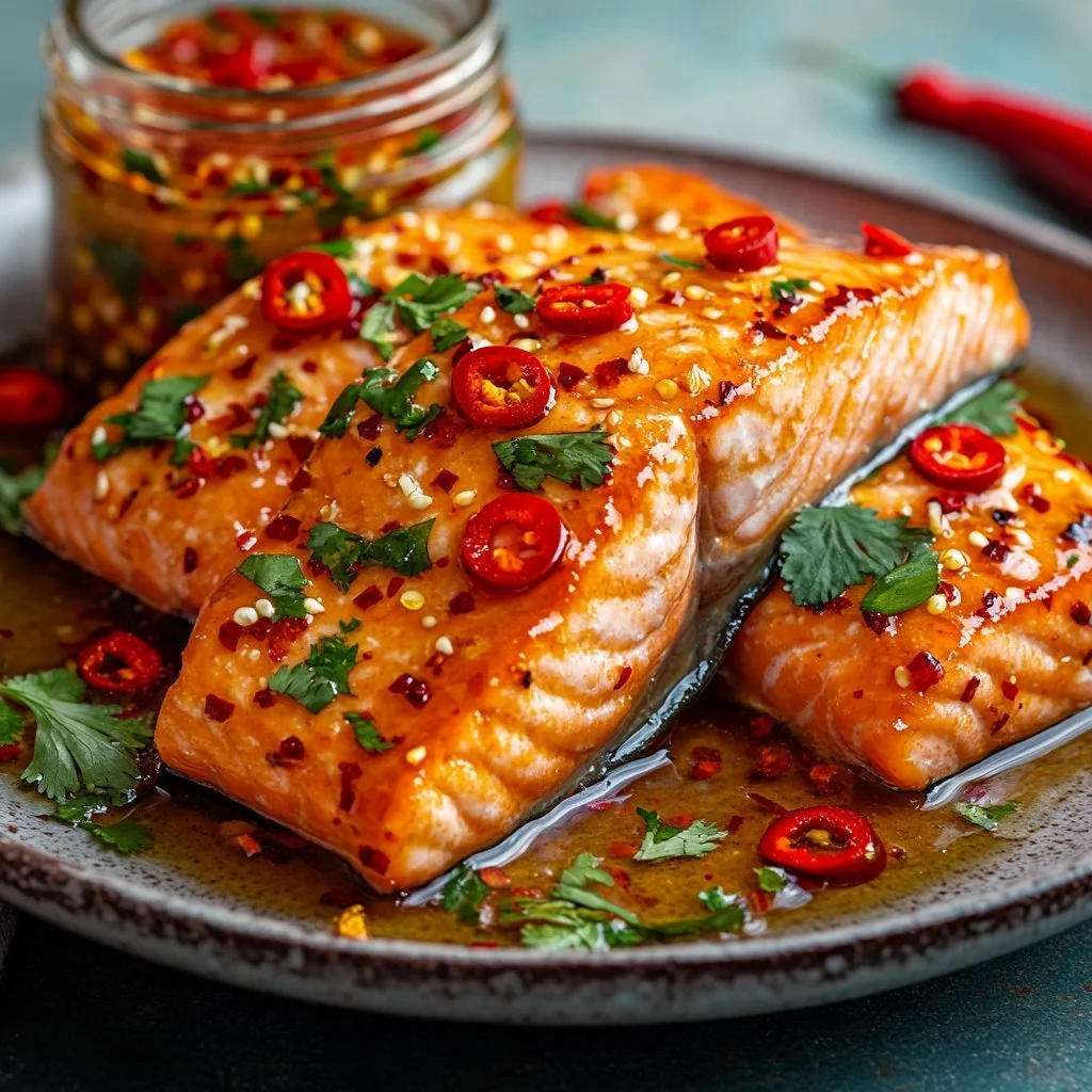 Delicious hot honey salmon served on a plate, garnished with herbs.