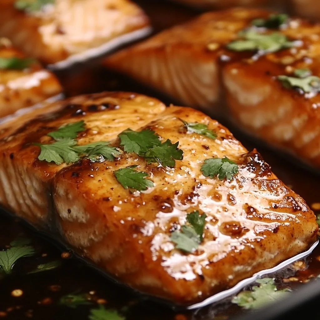 Plate of hot honey salmon garnished with herbs
