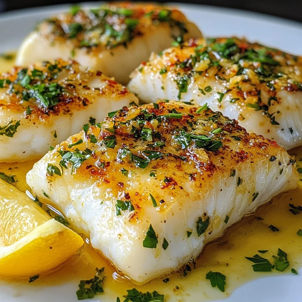 Lemon garlic butter cod served on a plate with fresh herbs