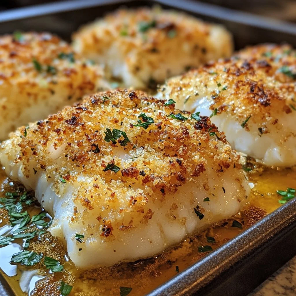 Delicious Boston Baked Cod with crispy panko topping on a white platter