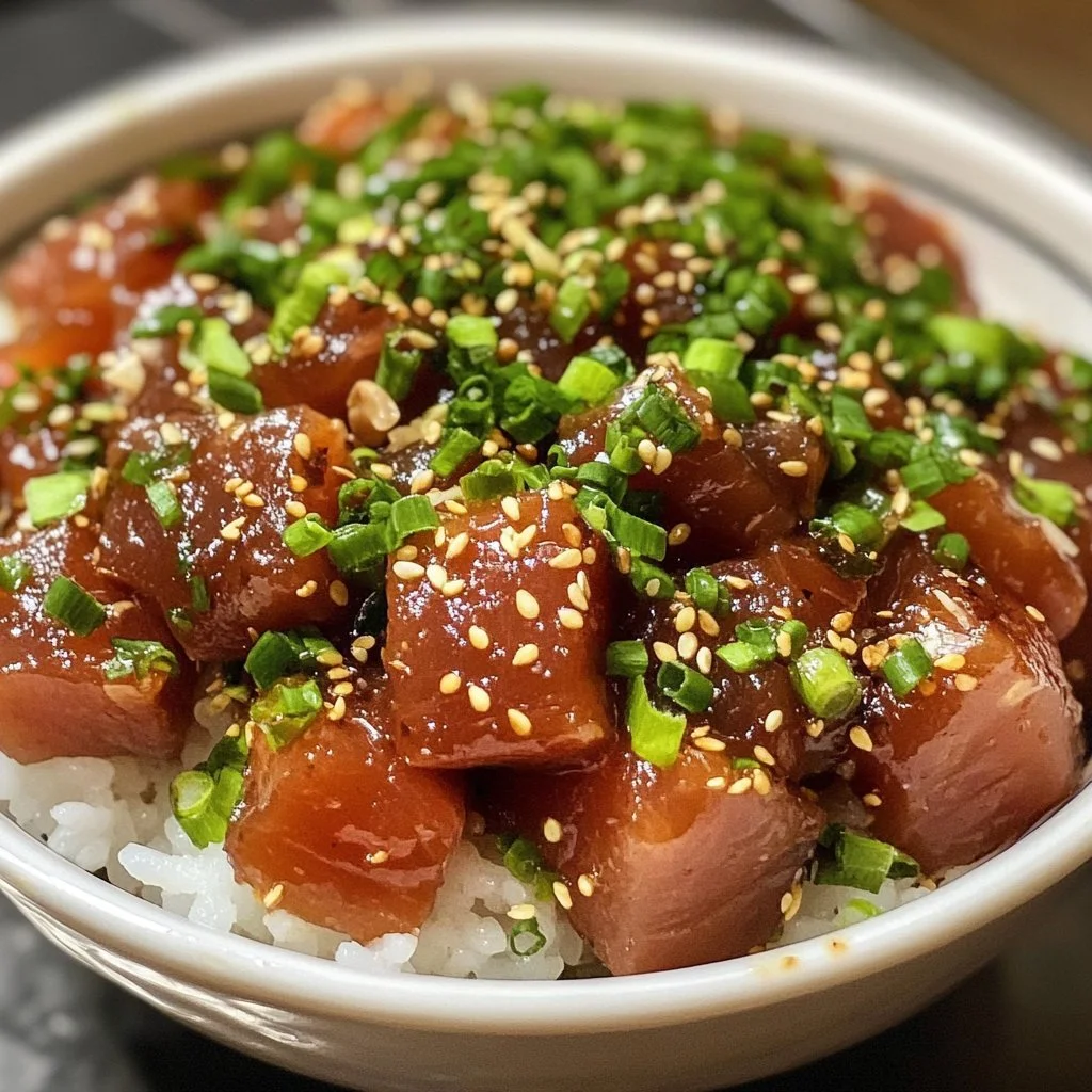 Japanese tuna poke bowl with fresh ingredients and colorful toppings