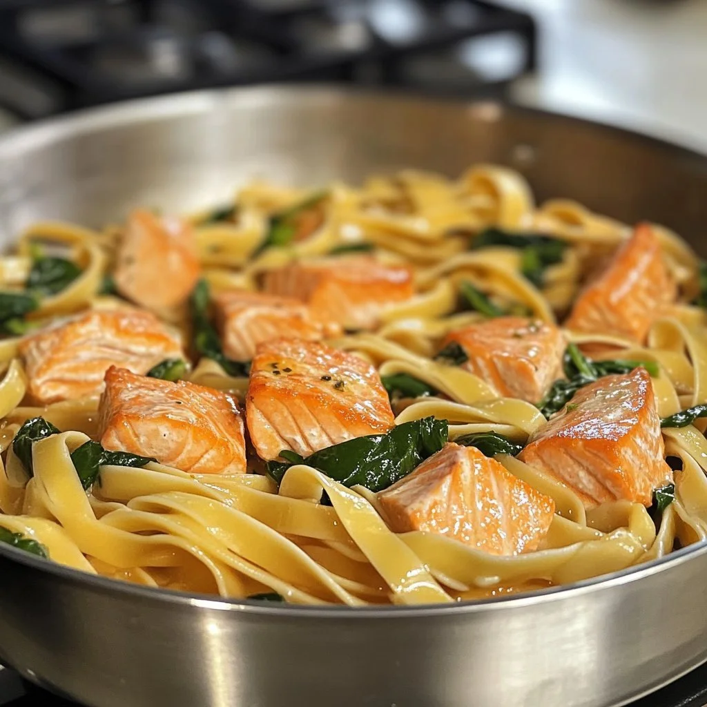 Delicious Lemon Butter Salmon Fettuccine garnished with lemon slices