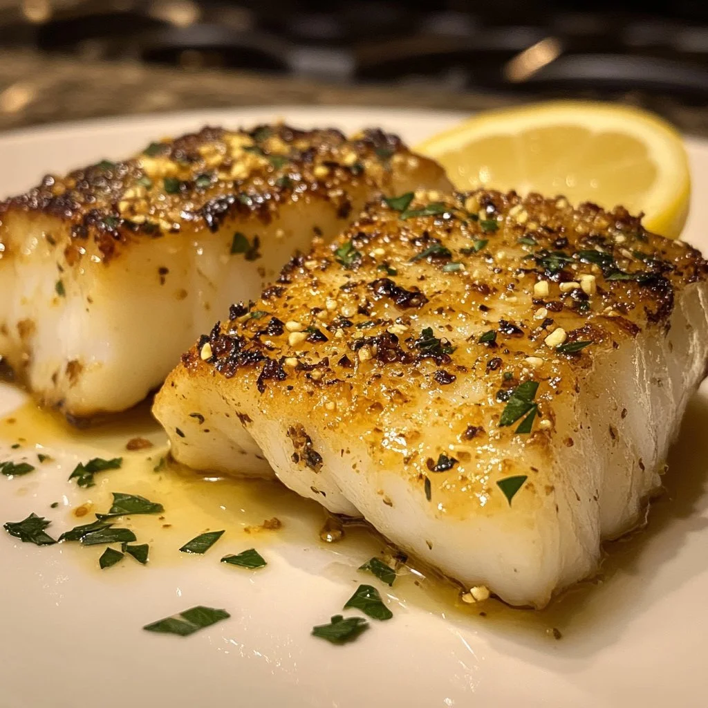 Lemon Garlic Butter Cod with Crispy Skin served on a plate