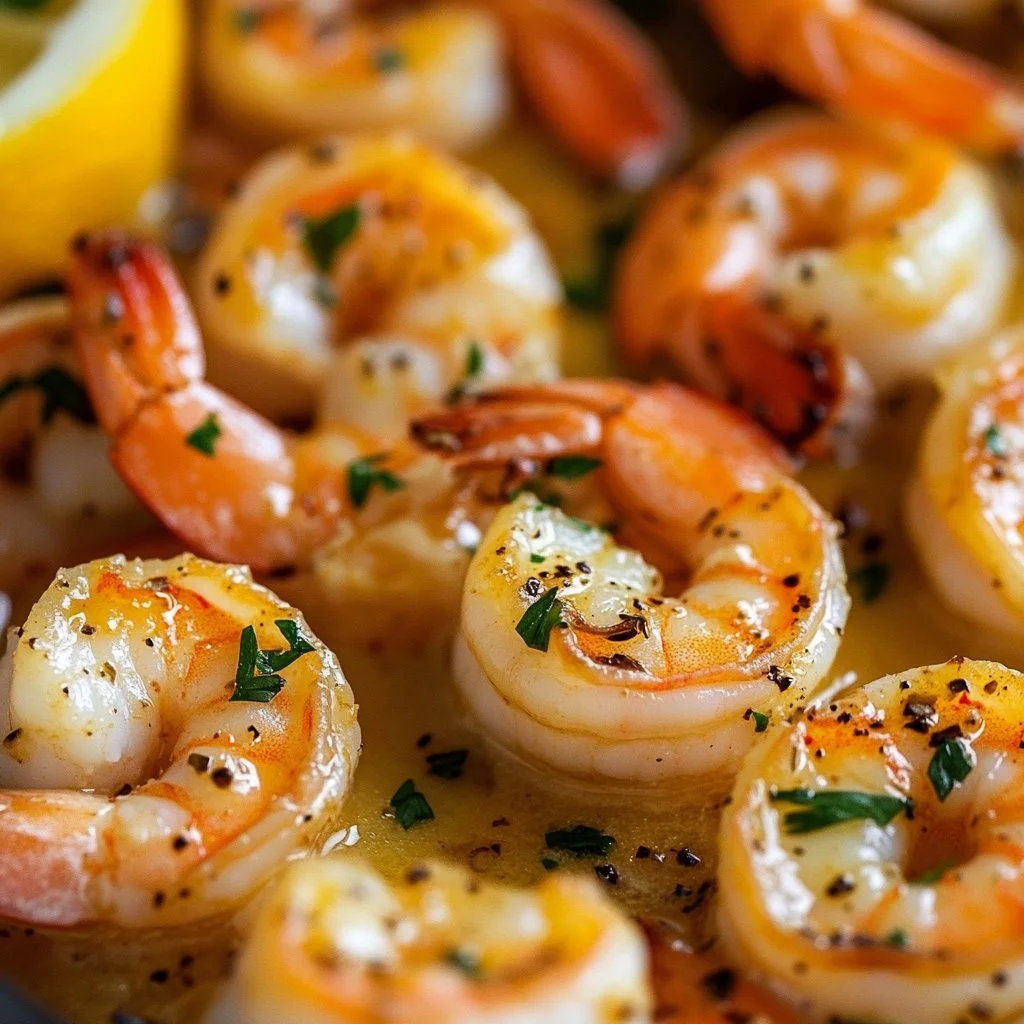 Delicious baked shrimp in lemon butter sauce ready to serve