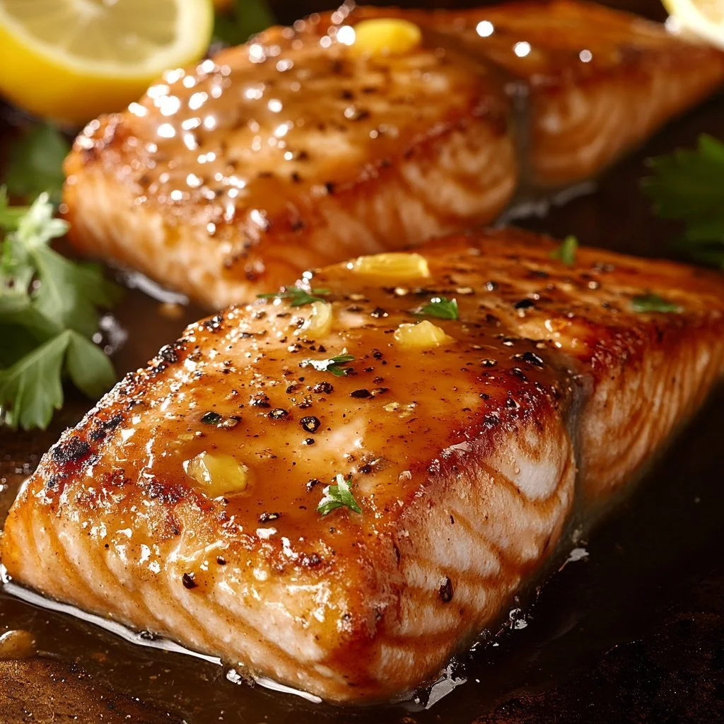 Maple Dijon Baked Salmon on a plate with fresh herbs and lemon wedges.