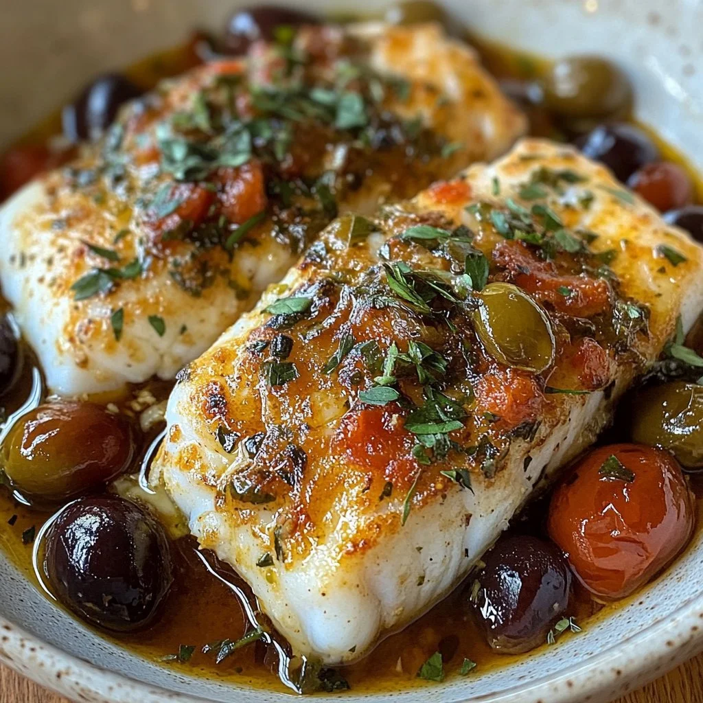 Mediterranean baked cod with olives, garnished and ready to serve.