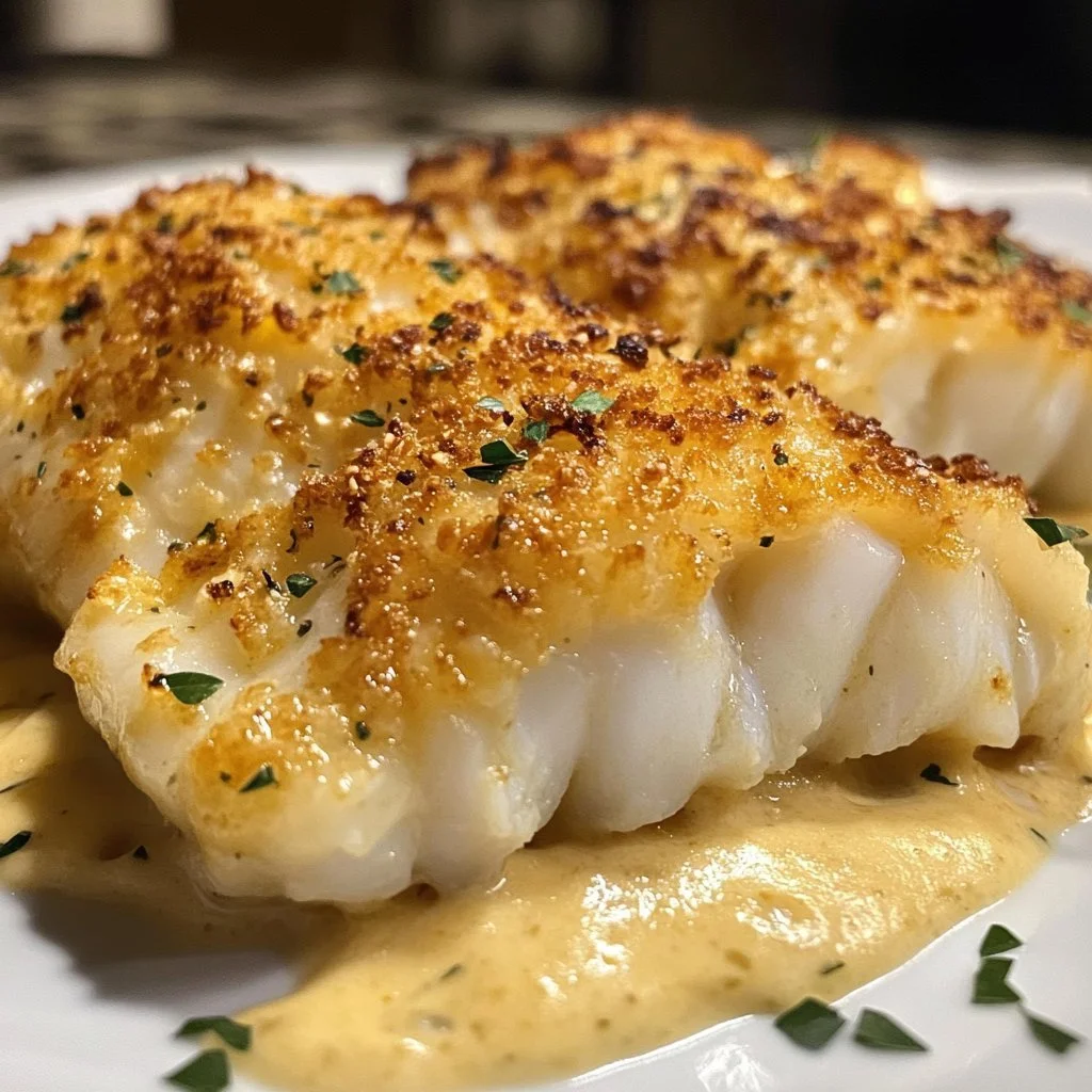 Moist baked cod fillet topped with creamy mayonnaise ready to serve.