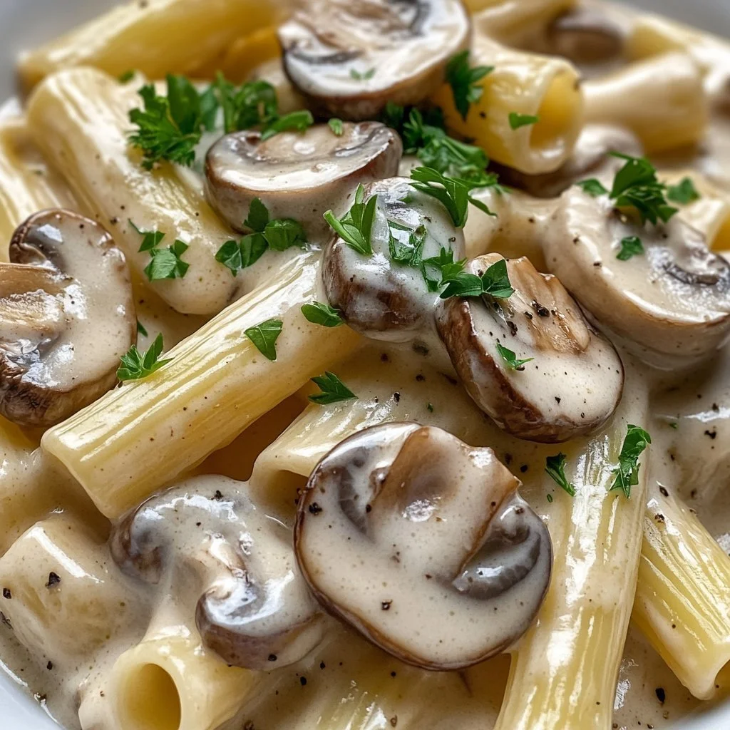 Creamy Mushroom Alfredo Pasta served in a bowl with parsley garnish