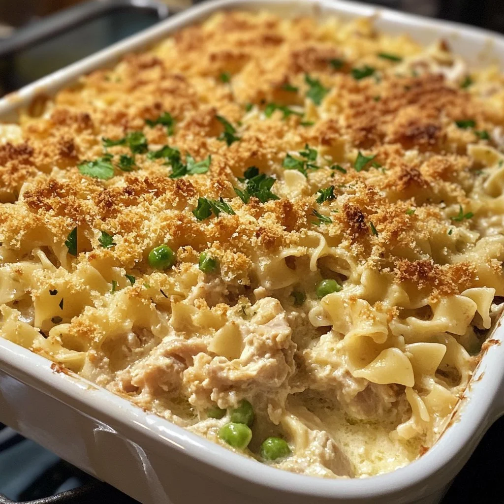 No-Soup Tuna Noodle Casserole baked with cheese and pasta in a creamy sauce