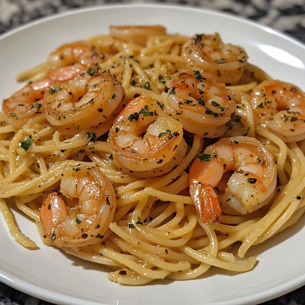 A delicious plate of Old Bay Garlic Shrimp Pasta garnished with fresh herbs