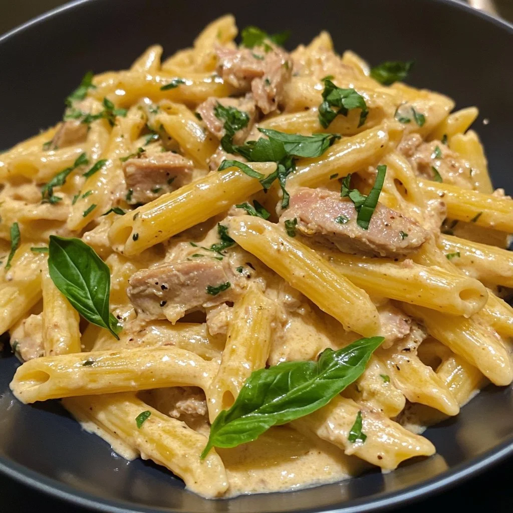 One Pan Creamy Tuna Pasta dish garnished with fresh herbs