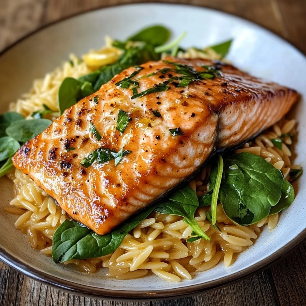 One skillet salmon served with lemon orzo on a rustic table