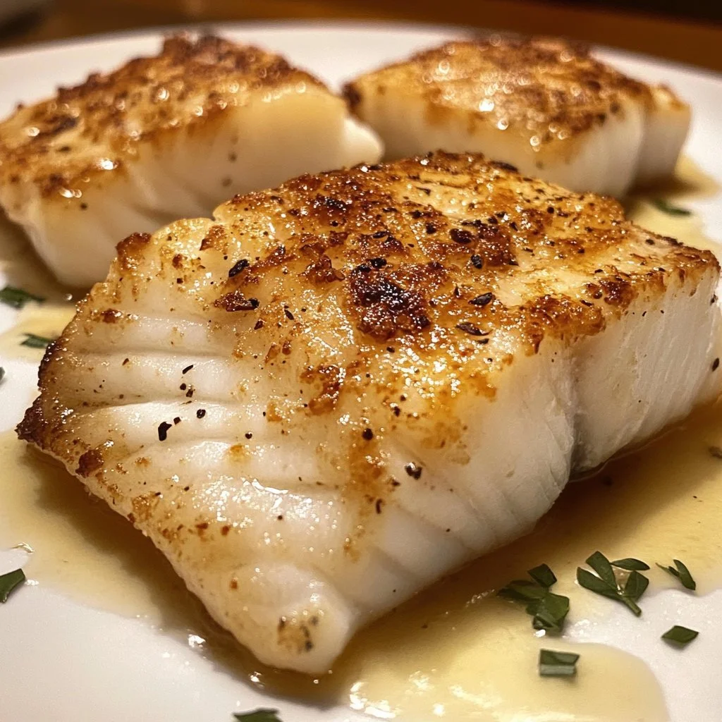 Delicious pan-fried cod fish served with fresh vegetables and herbs