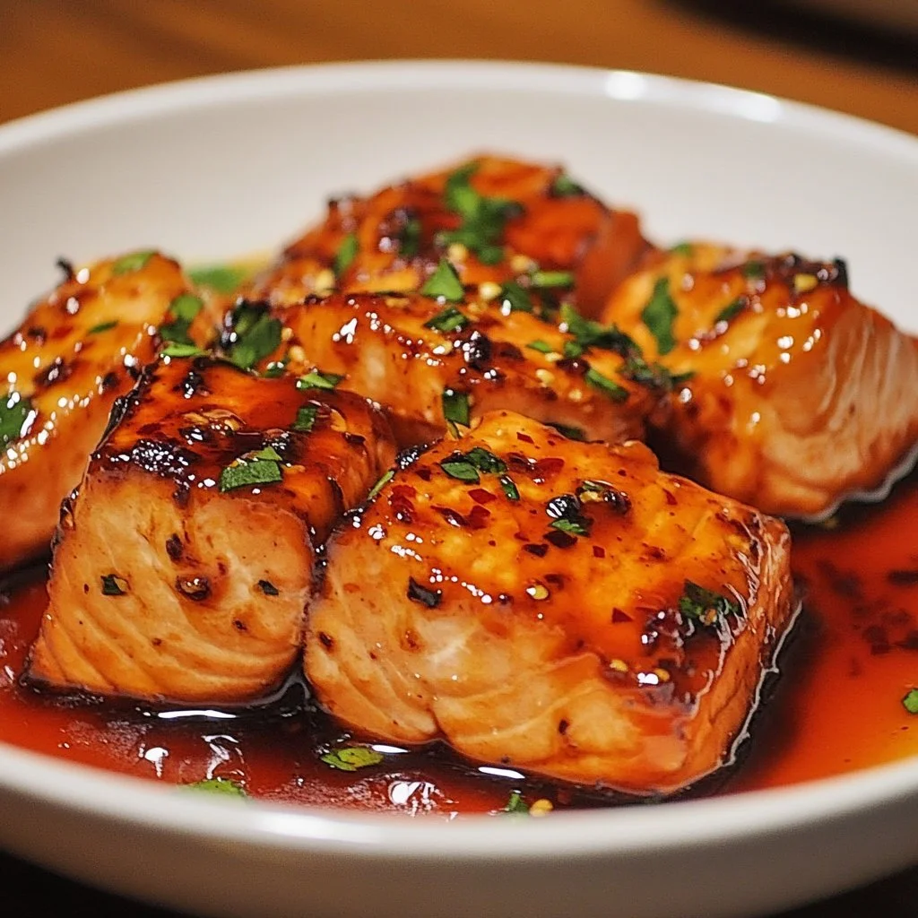 Pan-fried sweet chilli salmon served with vegetables on a plate