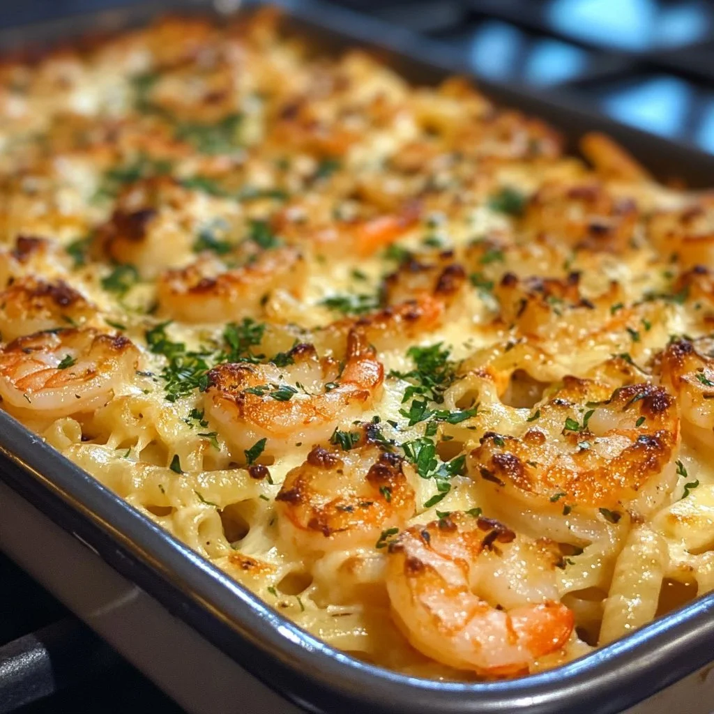 Delicious Shrimp Scampi Pasta Bake topped with herbs and garlic