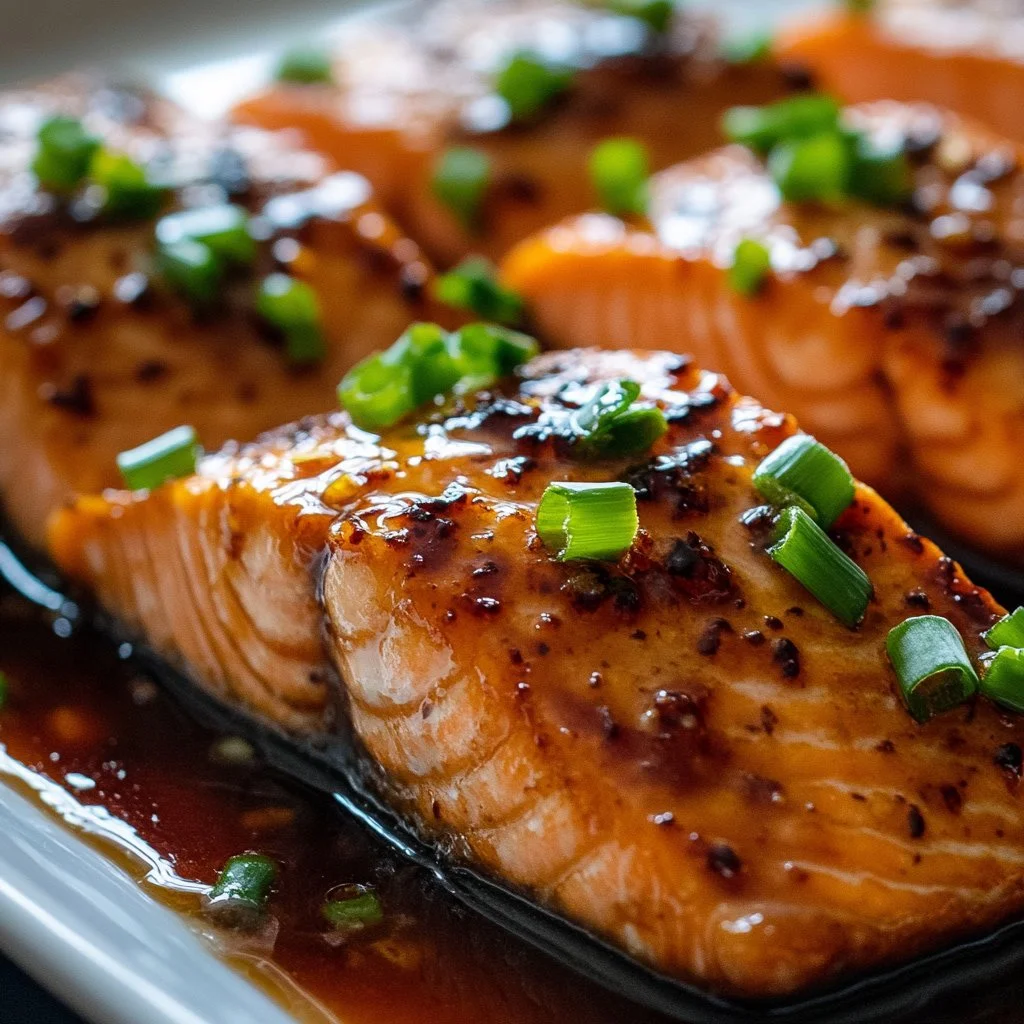 Crispy honey garlic salmon garnished with green onions and served on a plate