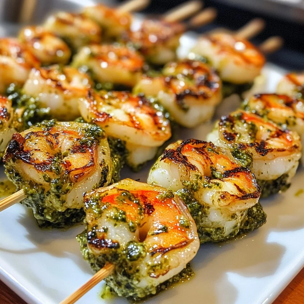Pesto grilled shrimp skewers ready for grilling on a barbecue