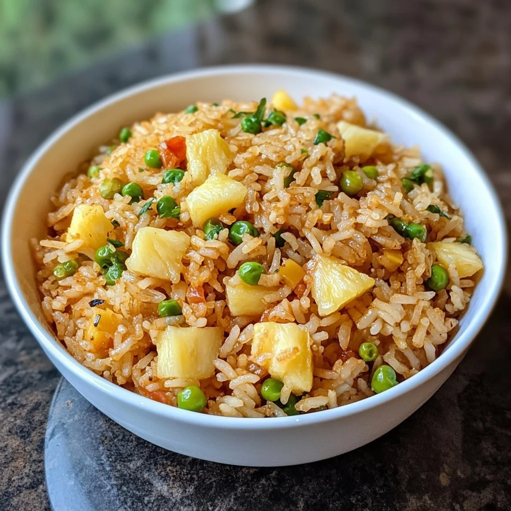 A vibrant dish of Pineapple Fried Rice garnished with green onions and vegetables