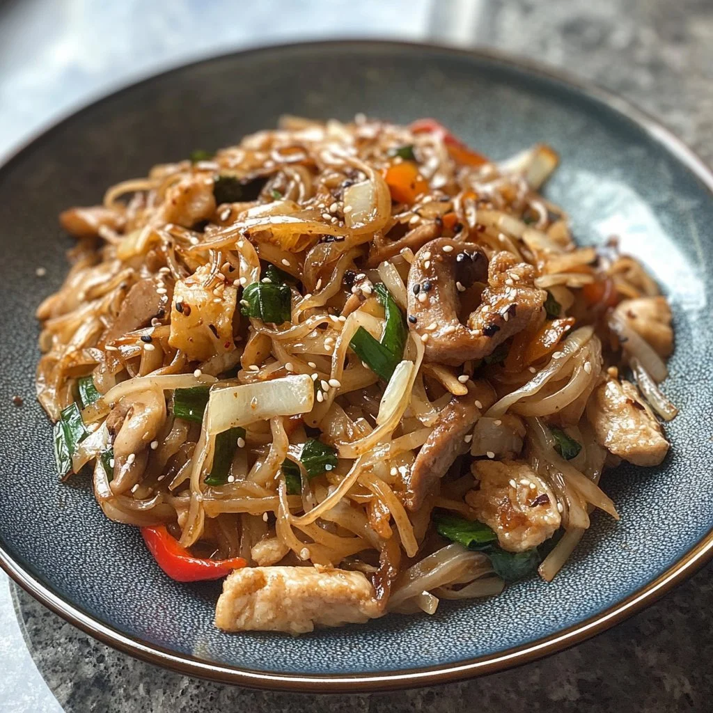 Delicious rice noodle stir-fry with colorful vegetables and savory sauce