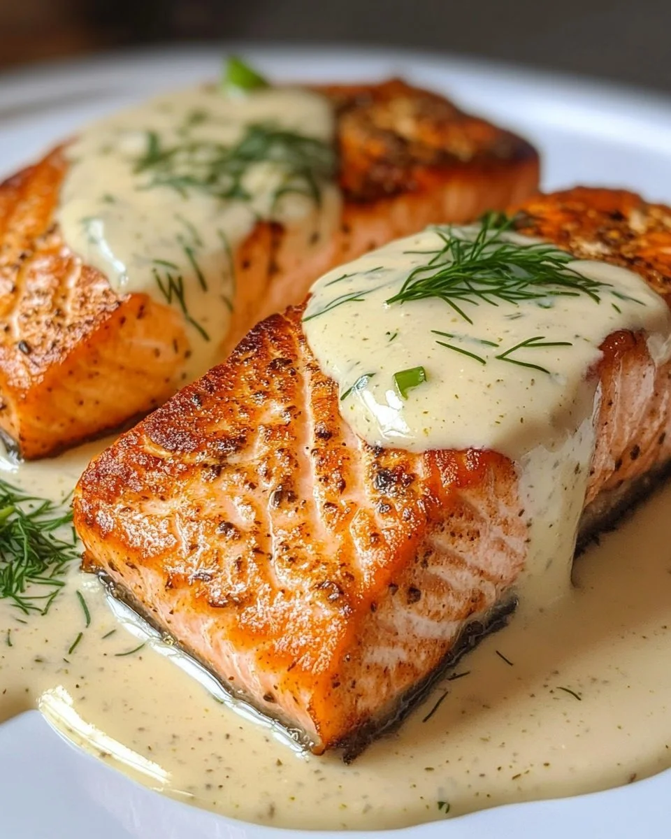 Roasted salmon fillet served with a creamy mustard dill sauce on a plate