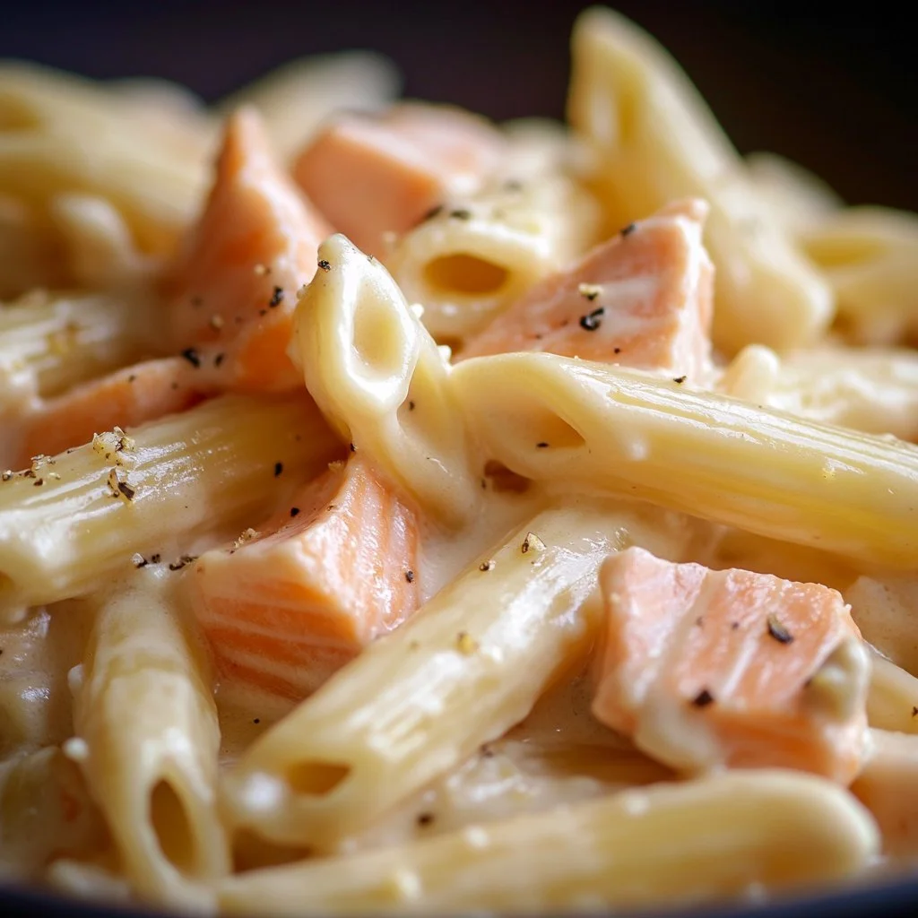 Delicious Salmon Alfredo Pasta served with a creamy sauce and topped with parsley