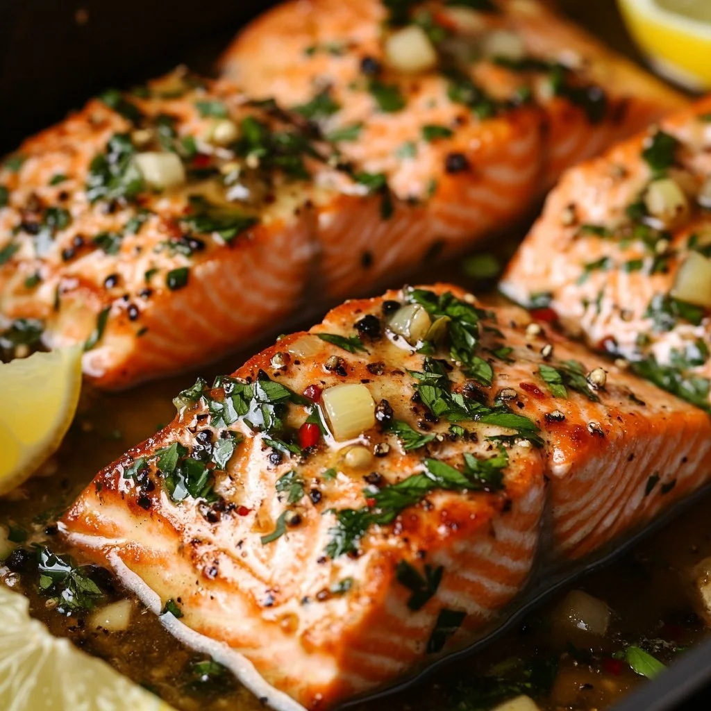 Delicious salmon fillet topped with garlic butter and lemon slices