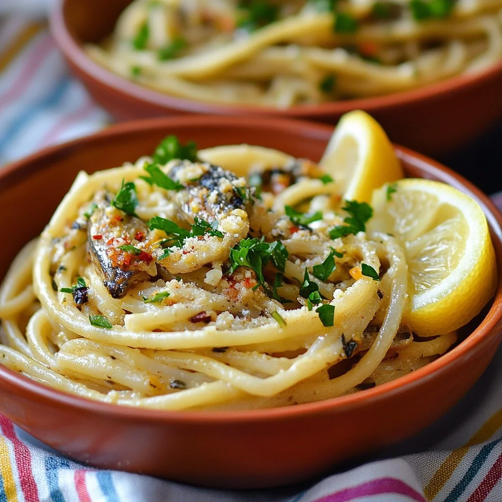 Sardine pasta topped with lemon and garlic breadcrumbs served in a bowl