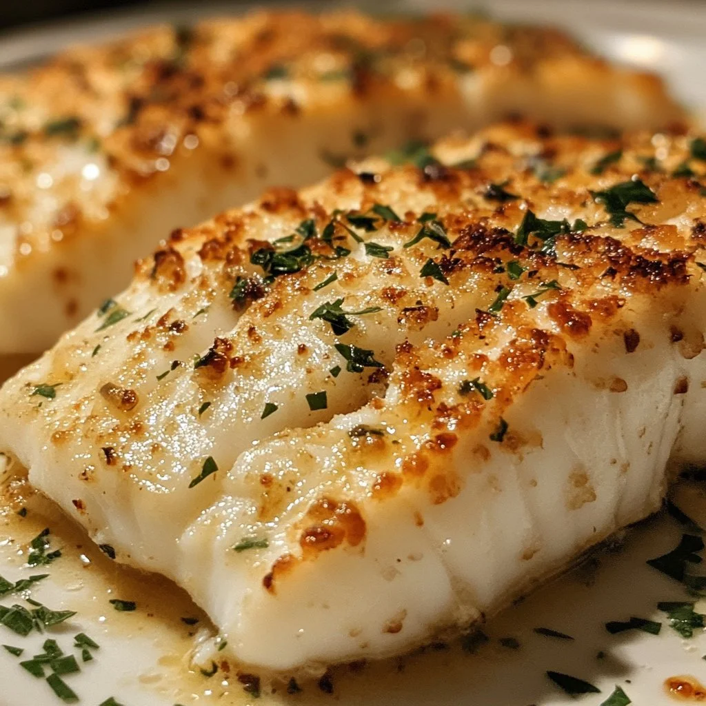 Savory garlic parmesan baked halibut served on a plate garnished with herbs.