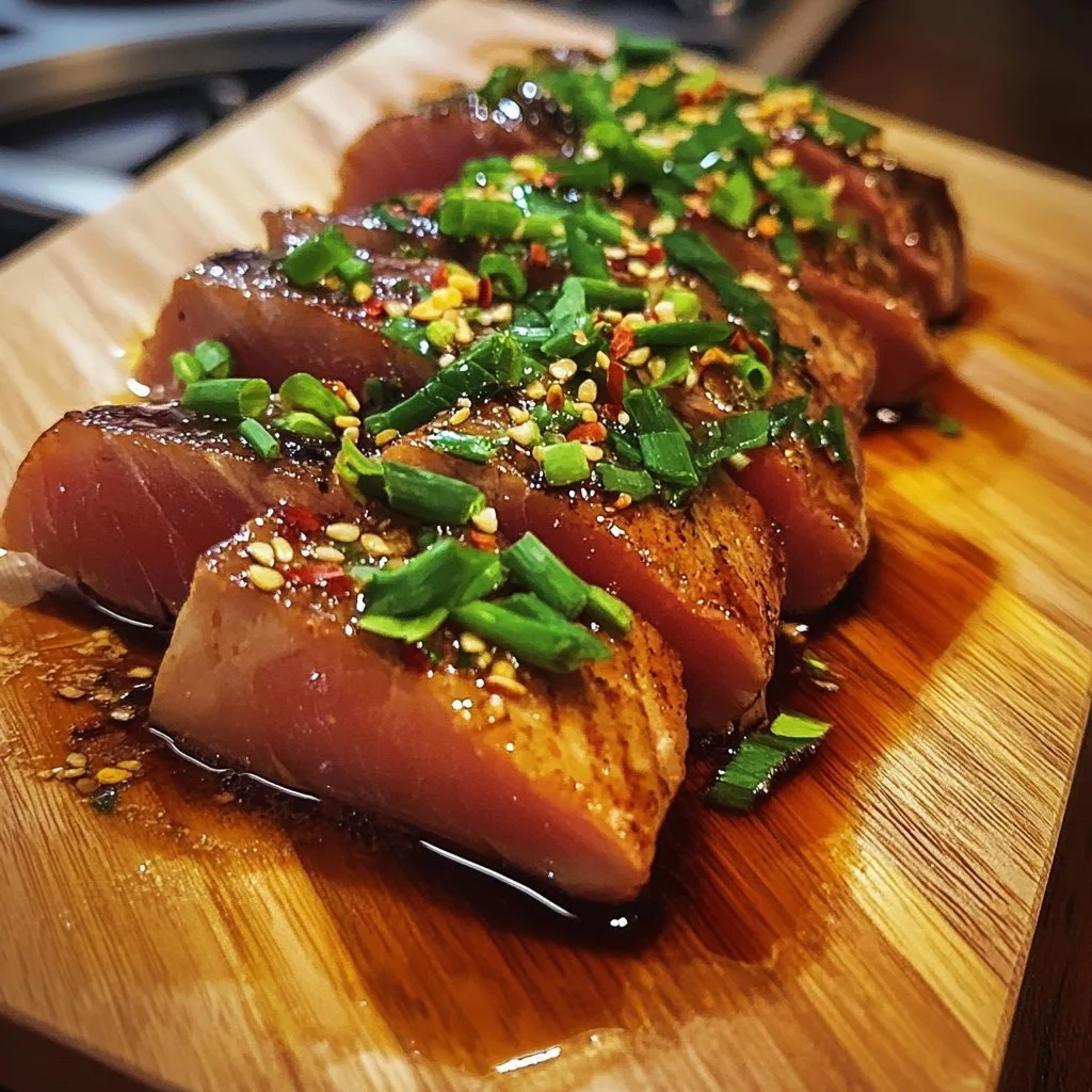 Plate of seared ahi tuna garnished with Asian-inspired flavors and fresh herbs