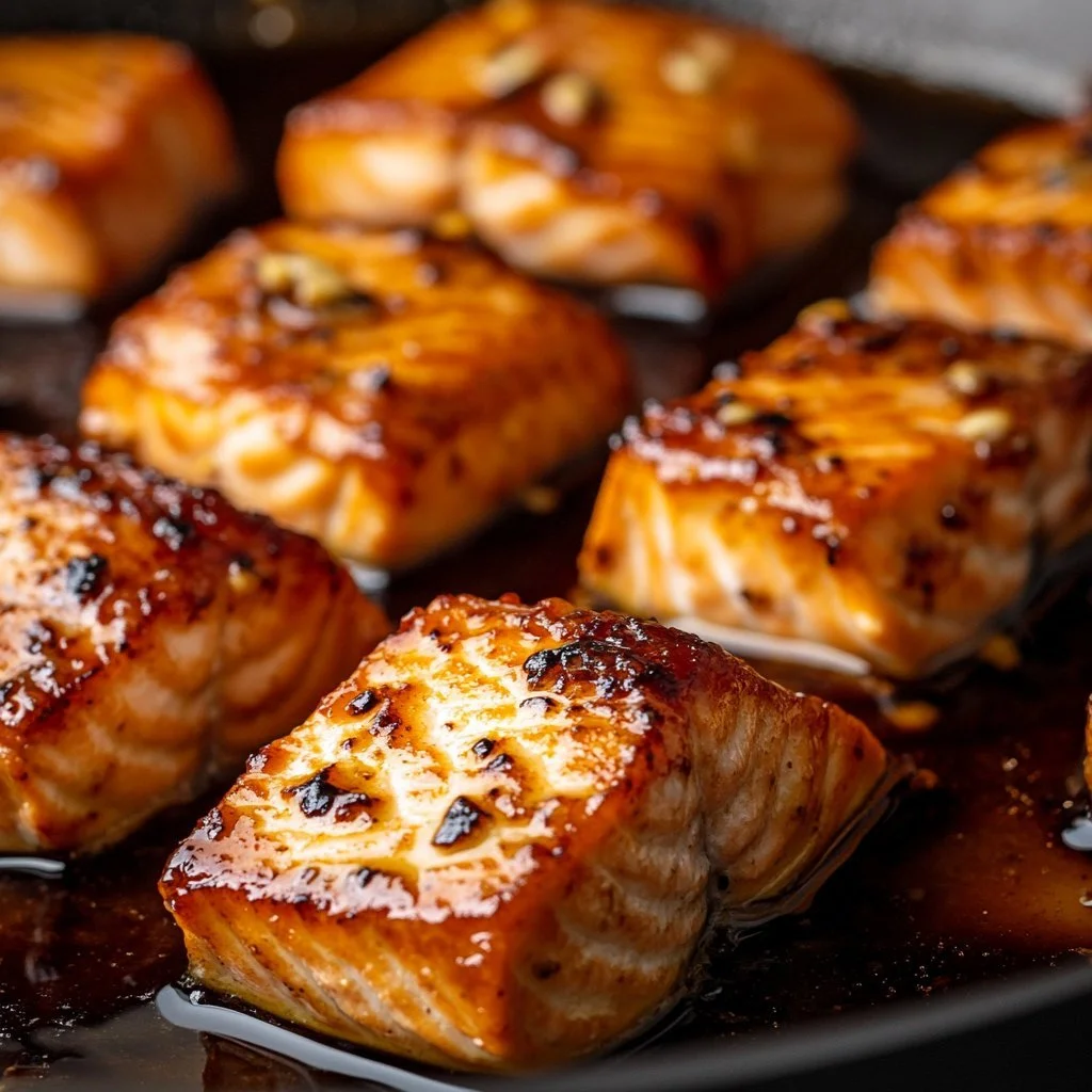 Seasoned salmon fillet drizzled with garlic butter sauce on a plate.