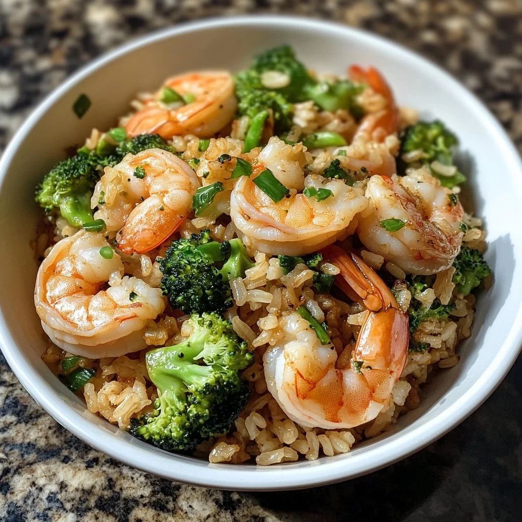 Shrimp and broccoli rice dish served in a colorful bowl