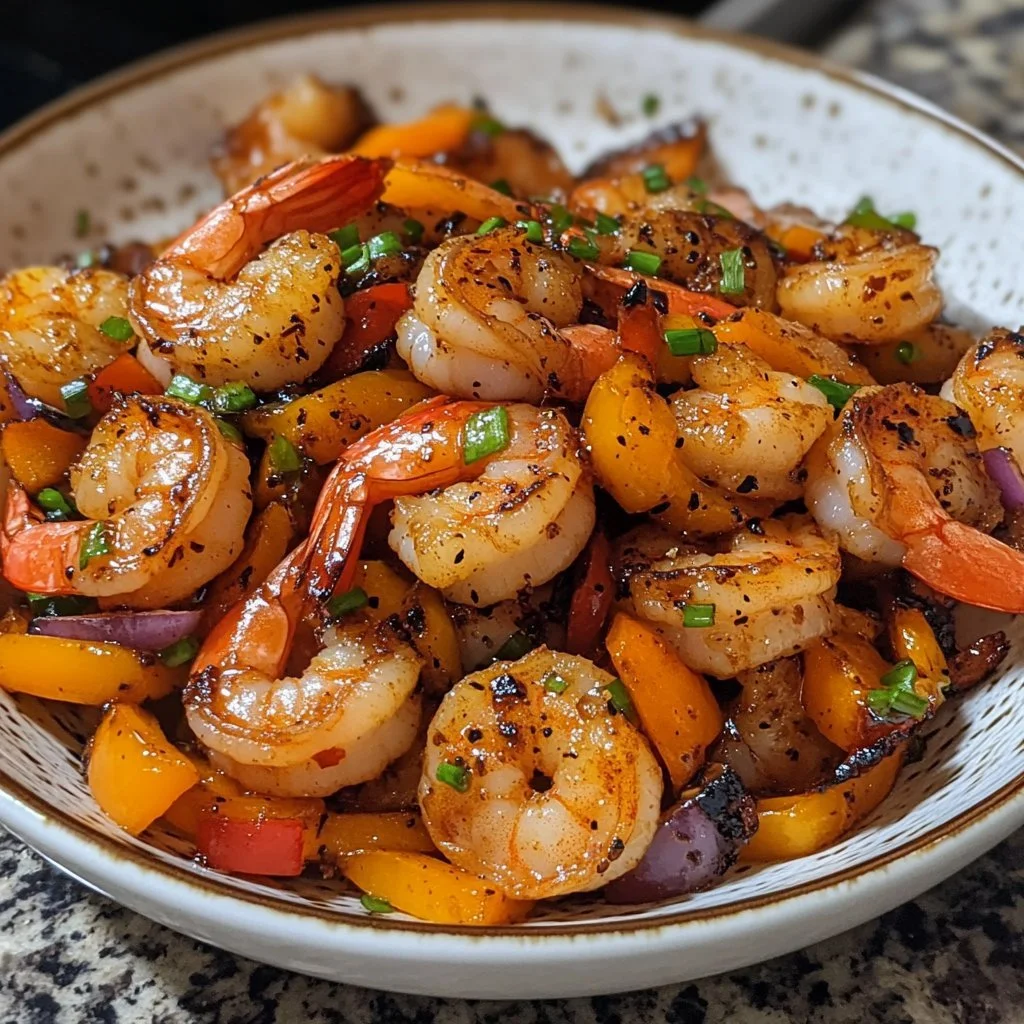 Shrimp and pepper stir-fry dish garnished with fresh herbs