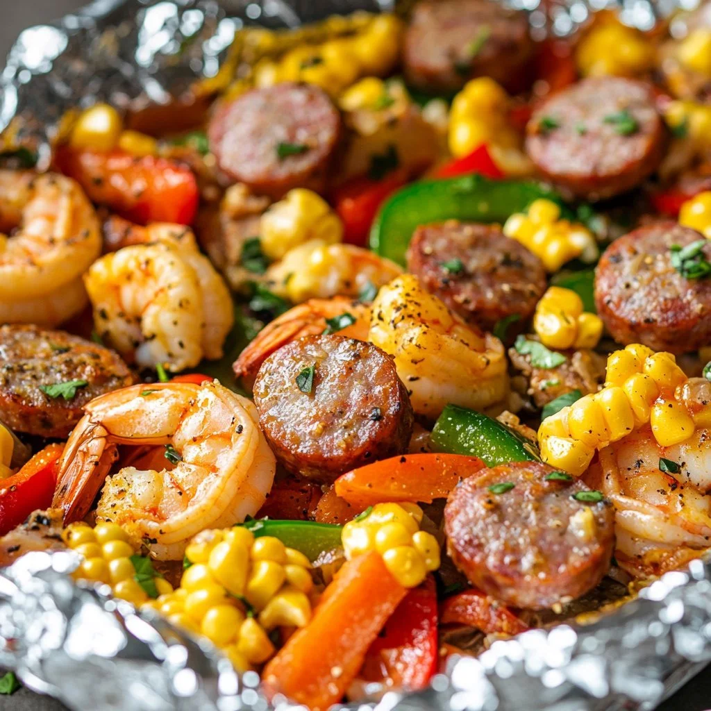 Shrimp and Sausage Foil Packet Dinner with colorful vegetables