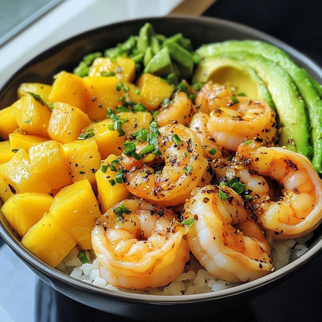 Colorful Shrimp Avocado Mango Bowls with fresh ingredients in a bowl